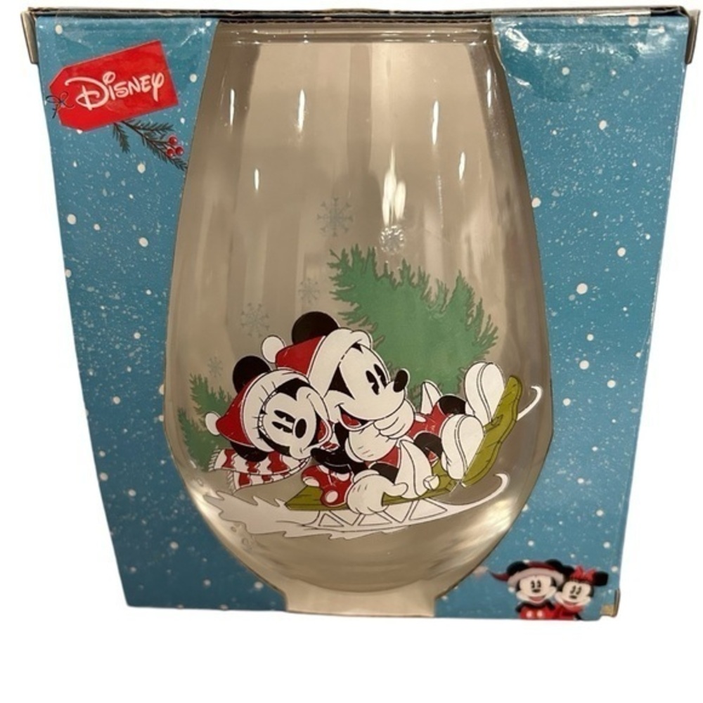 Disney Stemless Wine Glass Christmas Mickey Minnie Mouse Sledding Tear‎ Drop NIB